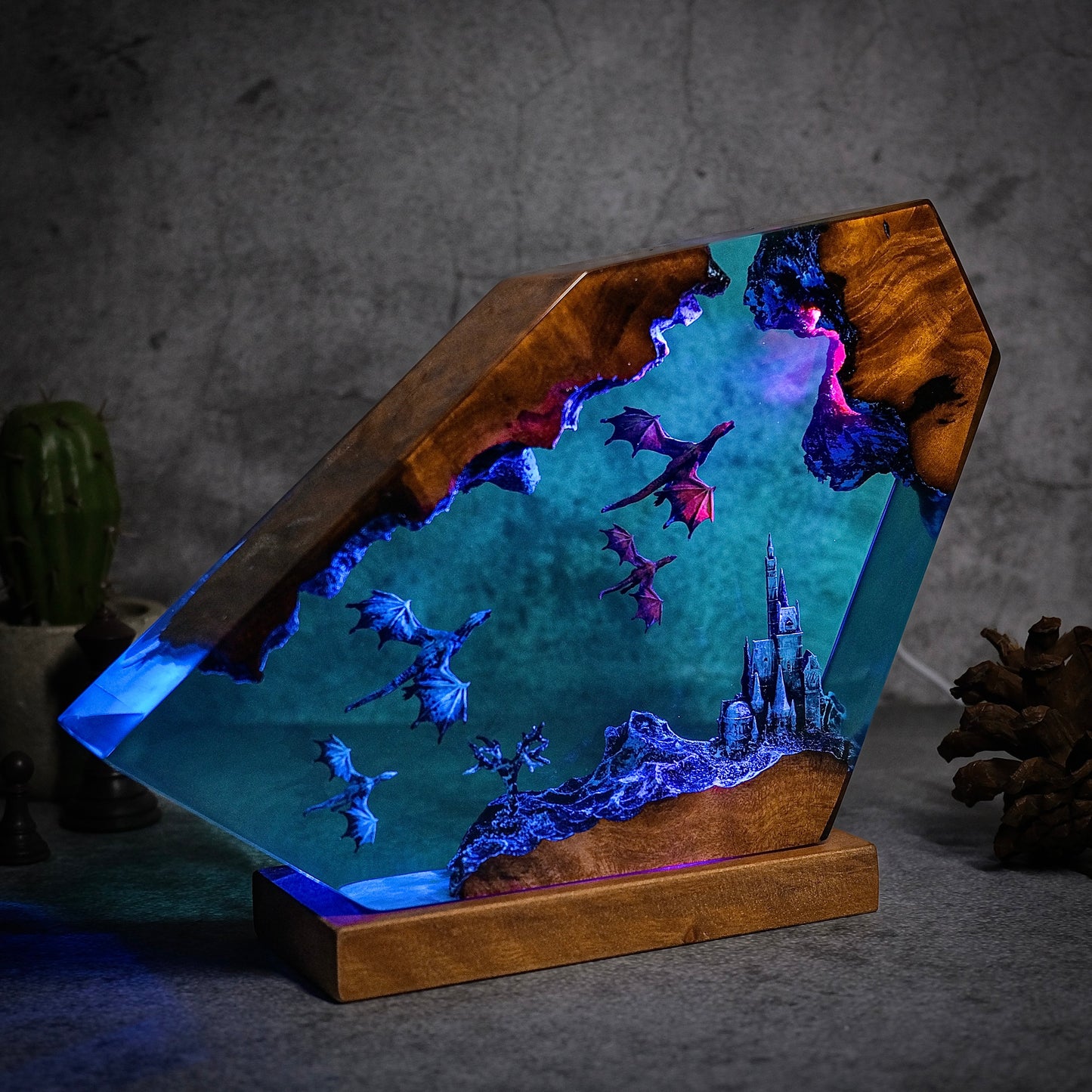 Red and Blue dragons fly at night Resin lamp