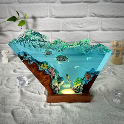 Ocean resin lamps .High waves diver and 2 turtles