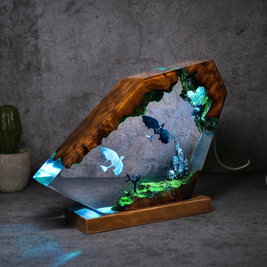 Toothless and Light Fury fly during the day Resin lamp